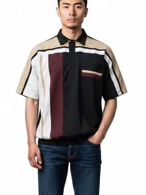 Men's Colorblock Polo Shirt in Black, Cream & Burgundy